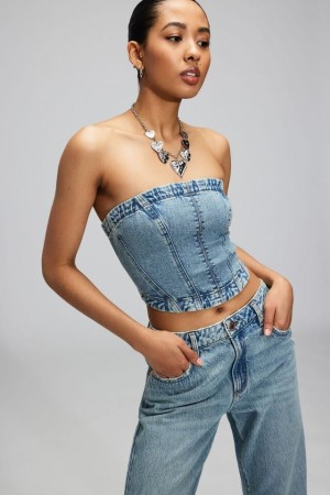 Women Garage Denim Seamed Tube Tank Top Blue | A-4206973