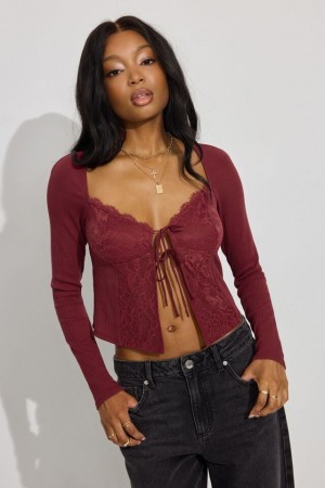 Women Garage Flyaway Lace Rib Long Sleeve Dark Red | A-1524396