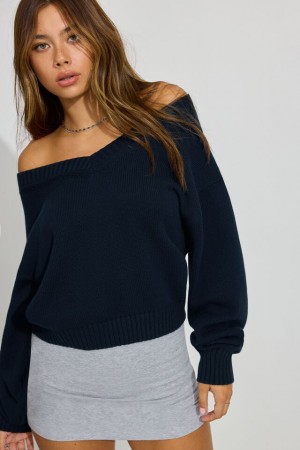 Women Garage High V-neck Sweater Blue | A-6785421