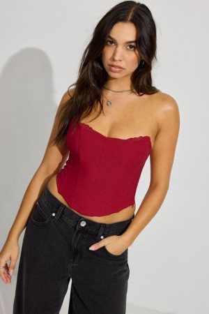 Women Garage Lace Trim Strapless Tank Top Red | A-6139758