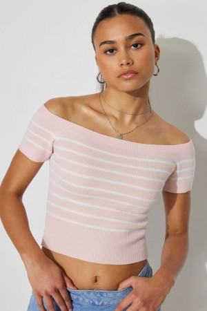 Women Garage Short Sleeve Off Shoulder Sweater Pink / White | A-3701468