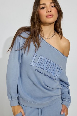 Women Garage Softterry Off Shoulder Sweatshirts Blue | A-4067218