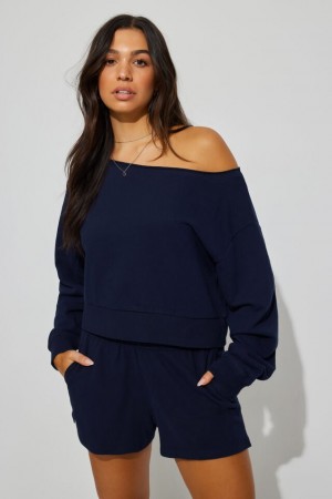 Women Garage Softterry Off Shoulder Sweatshirts Blue | A-5329076