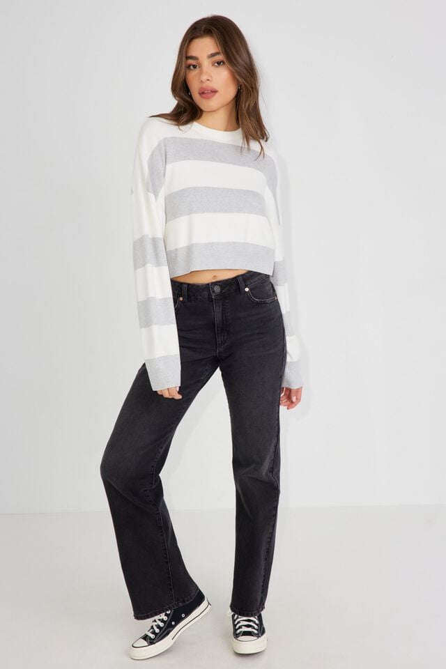 Women Garage Boxy Stripe Er Sweater Grey / White | A-8642375