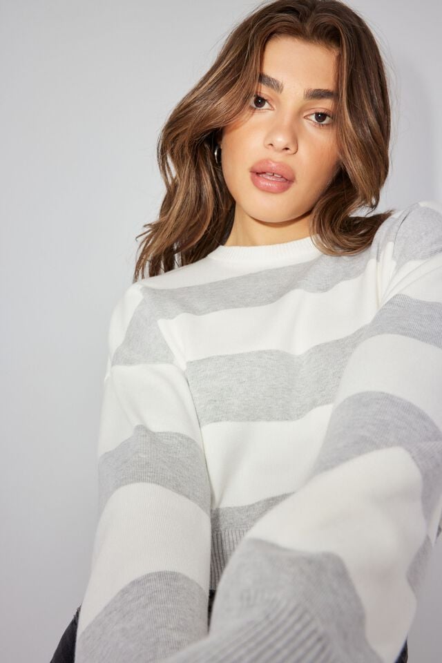 Women Garage Boxy Stripe Er Sweater Grey / White | A-8642375