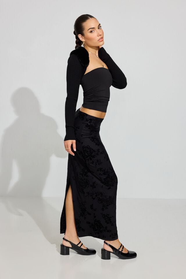 Women Garage Burnout Velvet Maxi Skirts Black | A-2915074