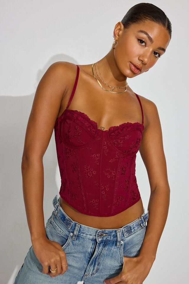 Women Garage Chrishell Embroidered Mesh Tank Top Dark Red | A-0497183