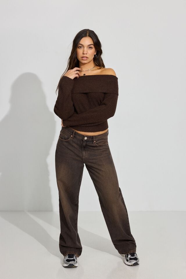 Women Garage Cozy Loose Off Shoulder Sweater Brown | A-3296751