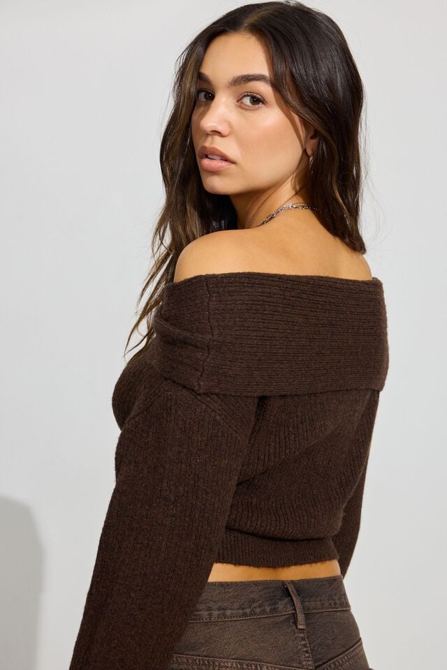 Women Garage Cozy Loose Off Shoulder Sweater Brown | A-3296751