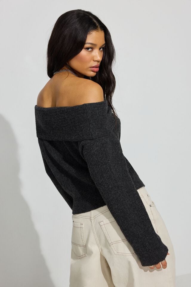 Women Garage Cozy Loose Off Shoulder Sweater Grey | A-4237806