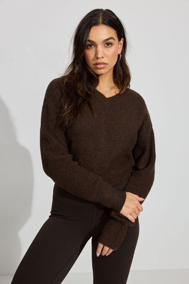 Women Garage Cozy V Neck Sweater Brown | A-7089462