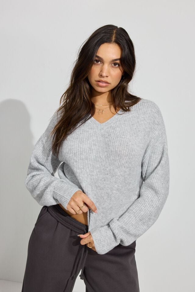 Women Garage Cozy V Neck Sweater Light Grey | A-8620451