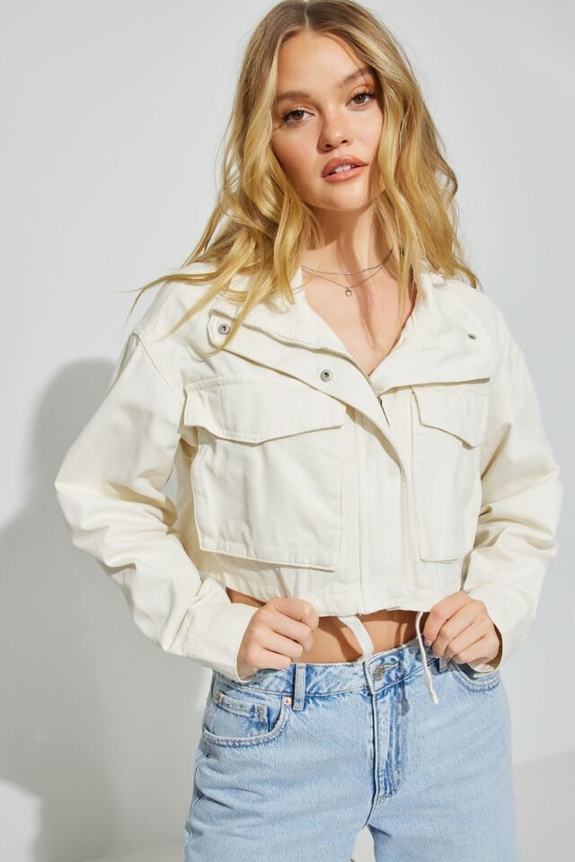 Women Garage Crop Utility Jackets White | A-2843095