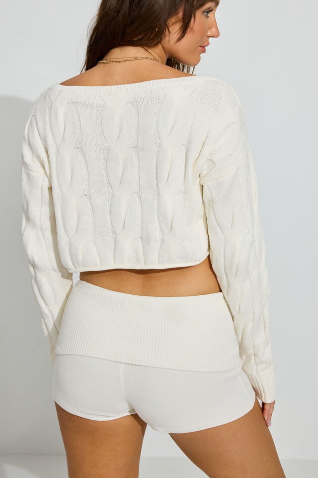 Women Garage Cropped Cable Crewneck Sweater White | A-9804316