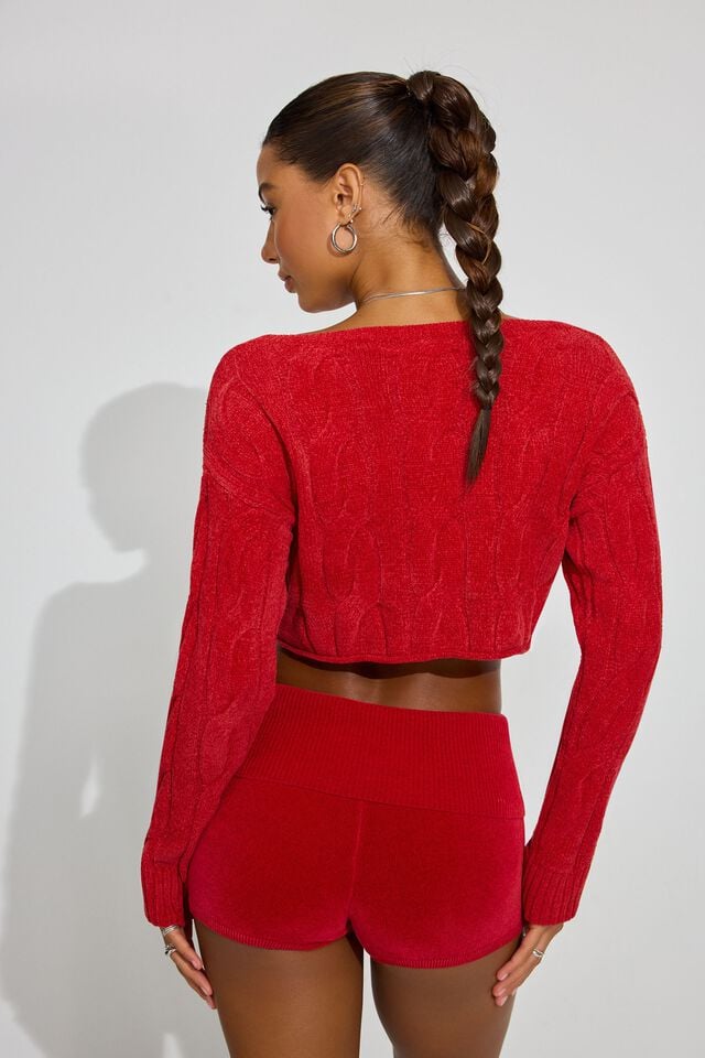 Women Garage Cropped Cable Sweater Red | A-5628394