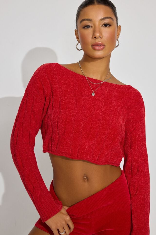 Women Garage Cropped Cable Sweater Red | A-5628394