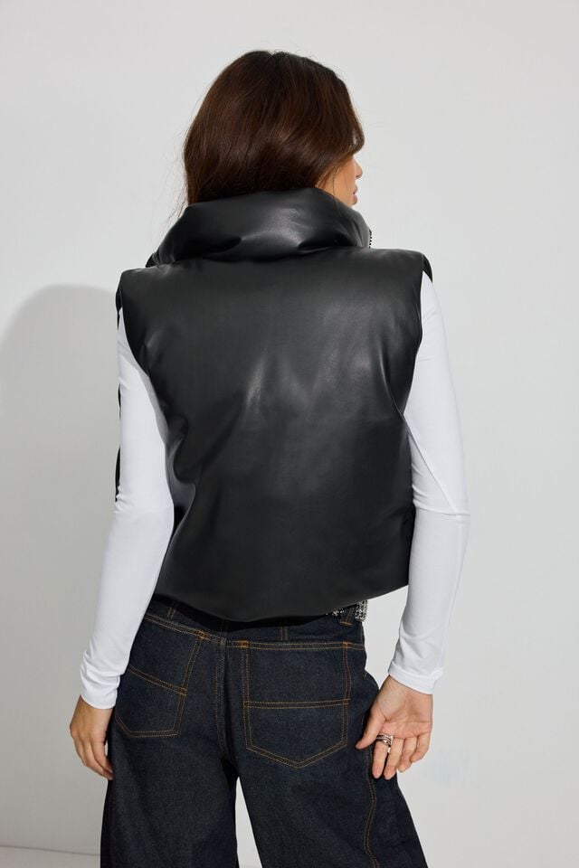 Women Garage Faux Leather Mini Puffer Vest Black | A-0975132