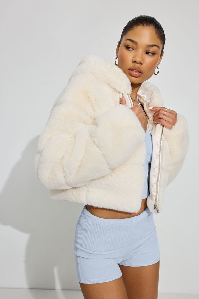 Women Garage Faux-fur Down Jackets White | A-8093421