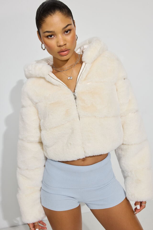 Women Garage Faux-fur Down Jackets White | A-8093421