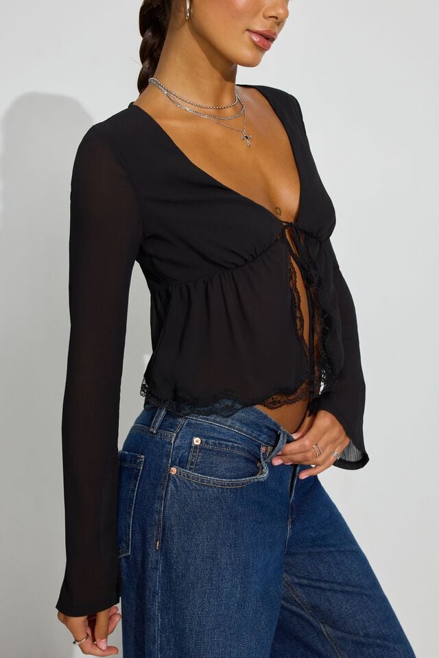 Women Garage Georgette Lace Trim Flyaway Long Sleeve Black | A-2703864