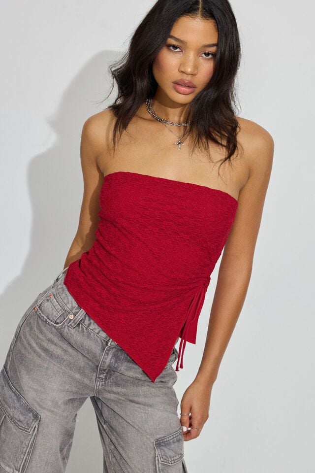 Women Garage Lace Asymmetric Tube Tank Top Red | A-9378025