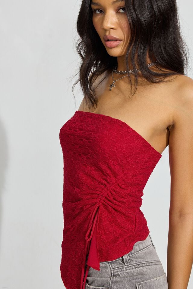 Women Garage Lace Asymmetric Tube Tank Top Red | A-9378025