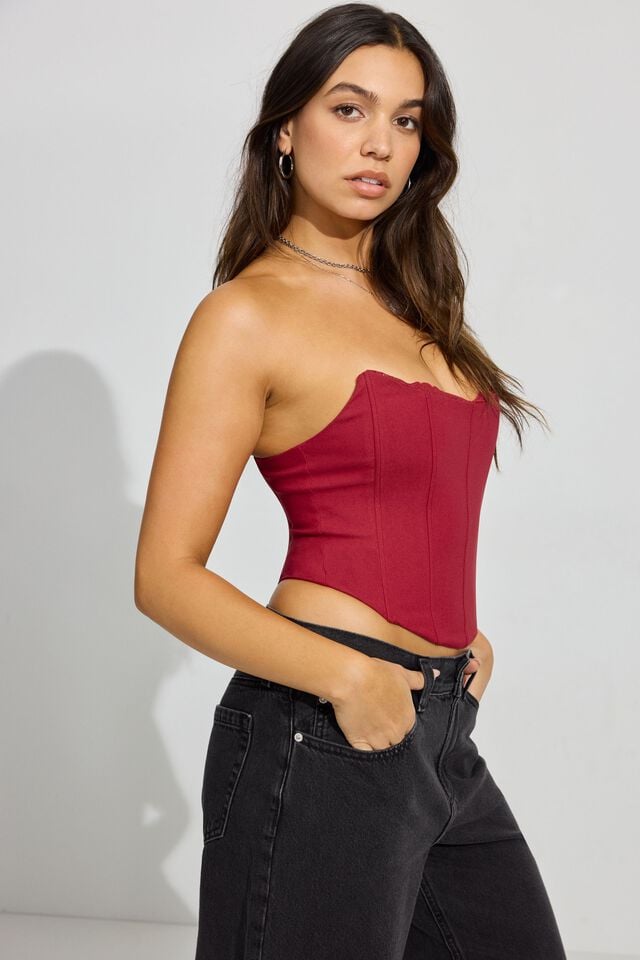 Women Garage Lace Trim Strapless Tank Top Red | A-6139758