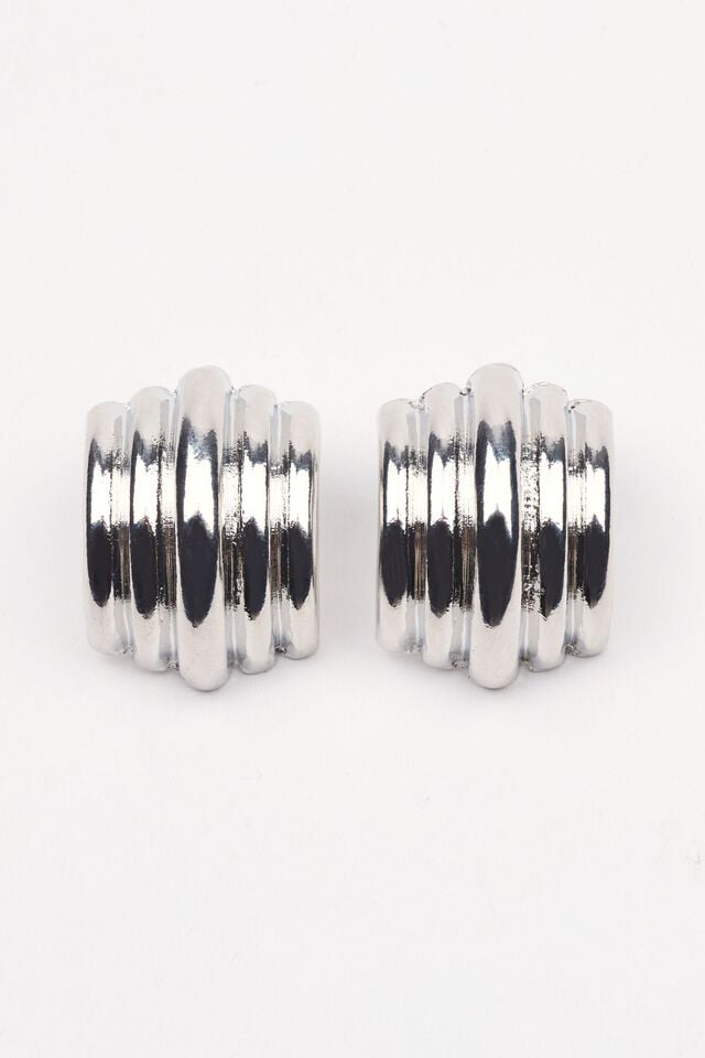 Women Garage Lined Curve Button Earrings Silver | A-9610753