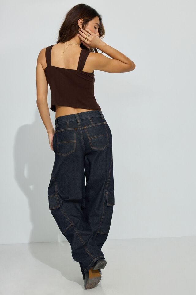 Women Garage Low Rise Baggy Cargo Pants Blue | A-8650279