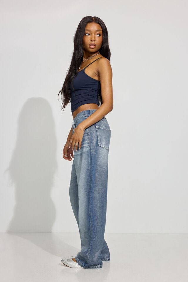 Women Garage Low Rise Baggy Jeans Silver Blue | A-3509178