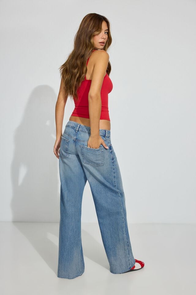 Women Garage Low Rise Wide Leg Jeans Blue | A-6518407