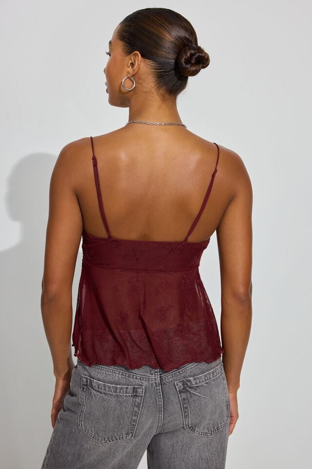 Women Garage Mesh Flyaway Cami Tank Top Dark Red | A-1690357