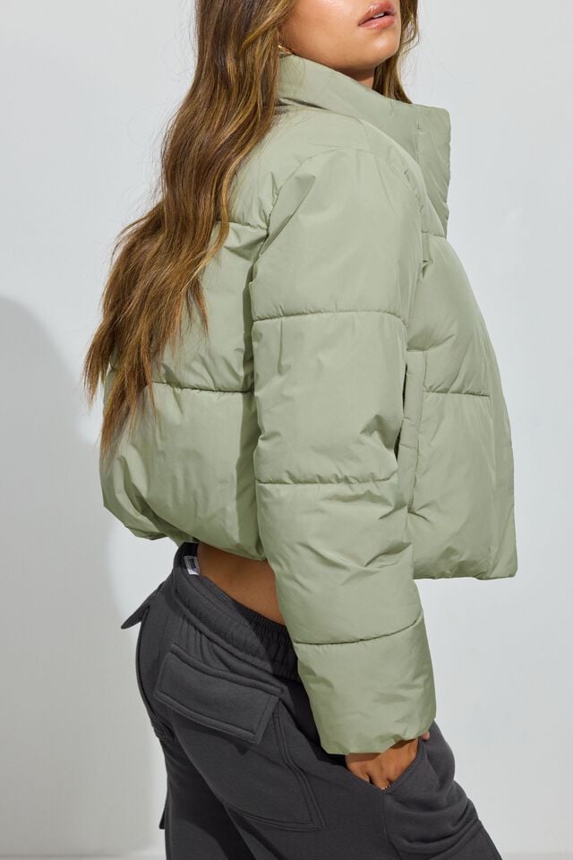 Women Garage Mini Down Jackets Olive Green | A-7895136