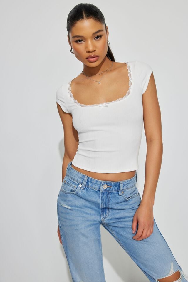 Women Garage Myla Scoop Neck Lace Trim Rib T Shirts White | A-0896415