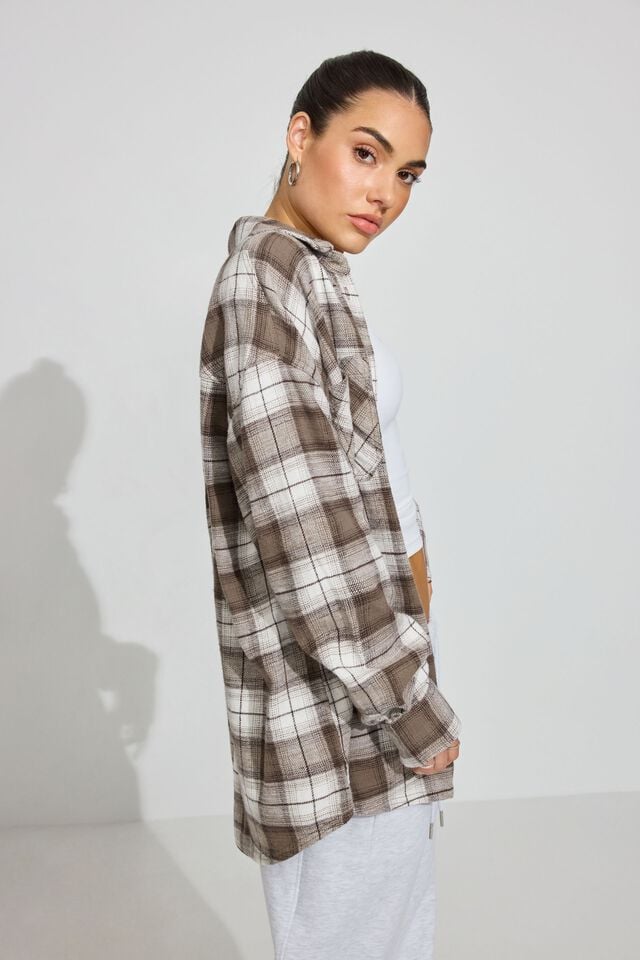 Women Garage Noah Plaid Button-up Long Sleeve Grey Brown | A-5468073