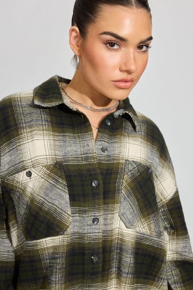 Women Garage Noah Plaid Button-up Long Sleeve Olive Green | A-7243190