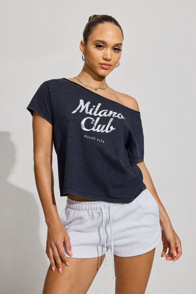 Women Garage Off Shoulder T Shirts Blue | A-8027143