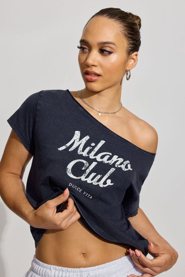 Women Garage Off Shoulder T Shirts Blue | A-8027143