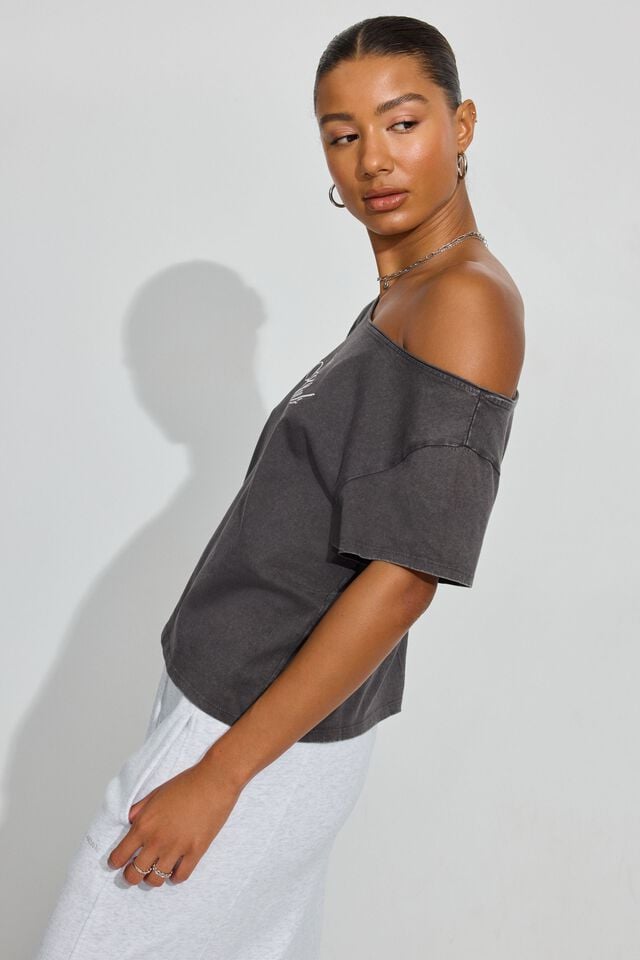 Women Garage Off Shoulder T Shirts Grey | A-7913562