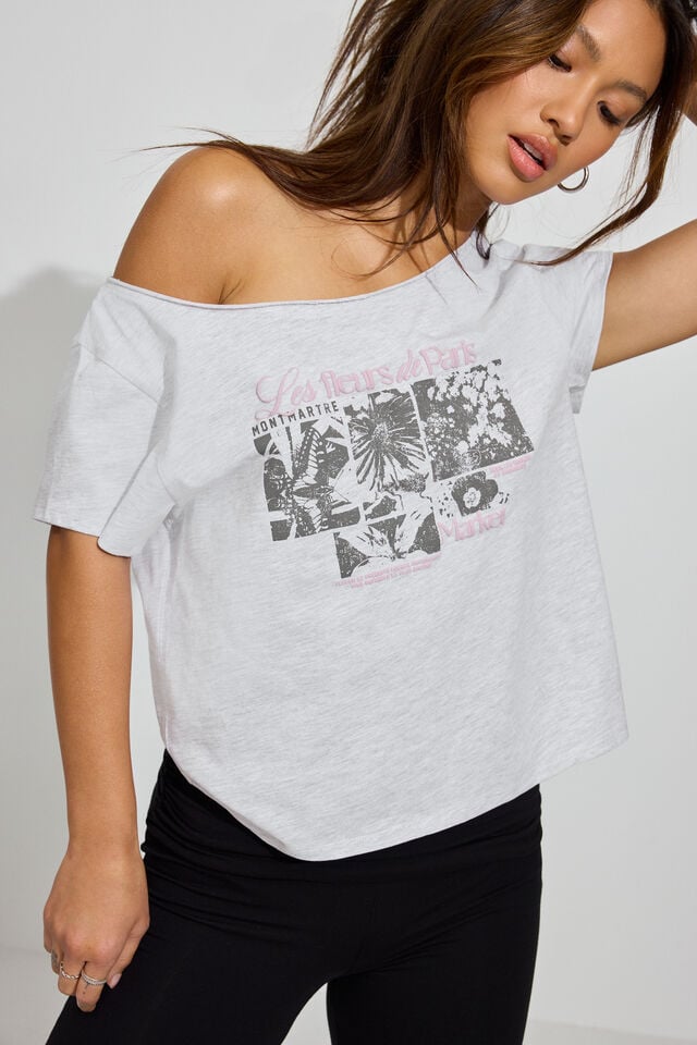 Women Garage Off Shoulder T Shirts Grey | A-0658197