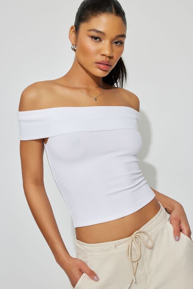 Women Garage Off Shoulder T Shirts White | A-8172349