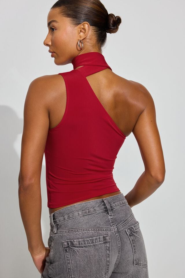 Women Garage One Shoulder Neck Tie Tank Top Red | A-4569820