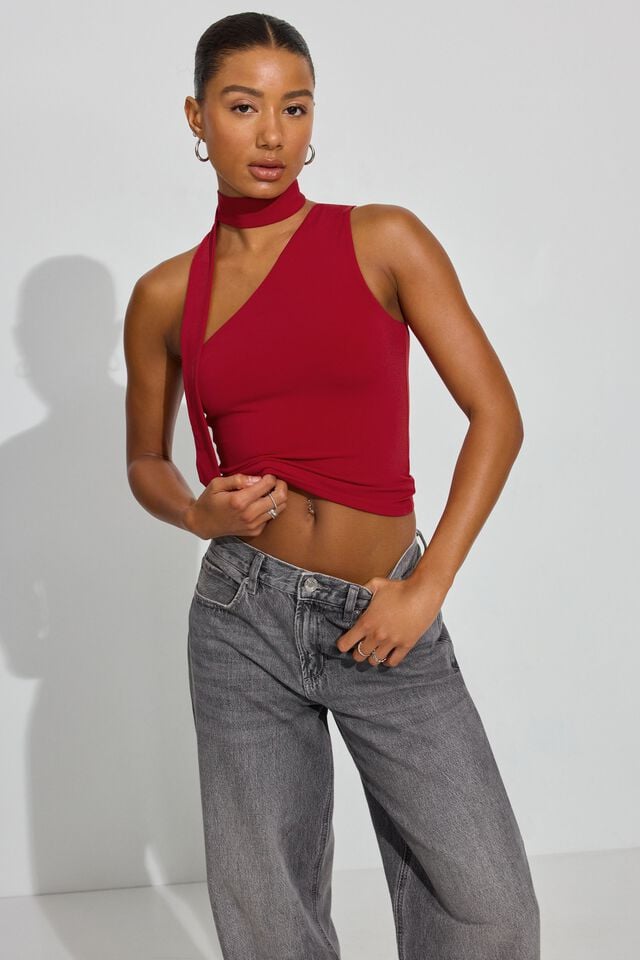 Women Garage One Shoulder Neck Tie Tank Top Red | A-4569820