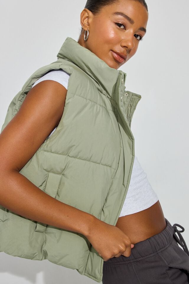 Women Garage Perfect Puffer Vest Olive Green | A-6538902