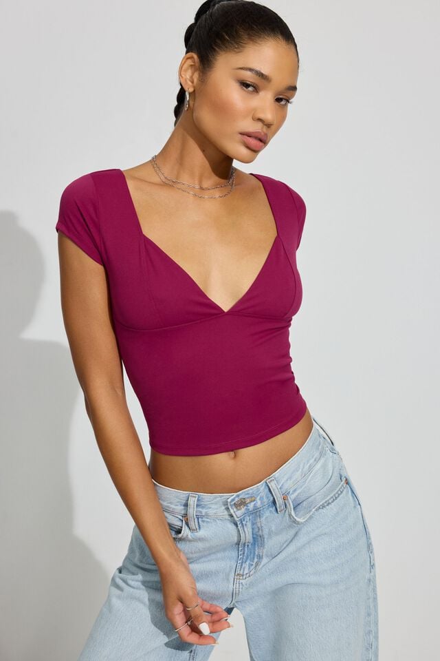 Women Garage Plunge Seamed T Shirts Purple Red | A-9245078