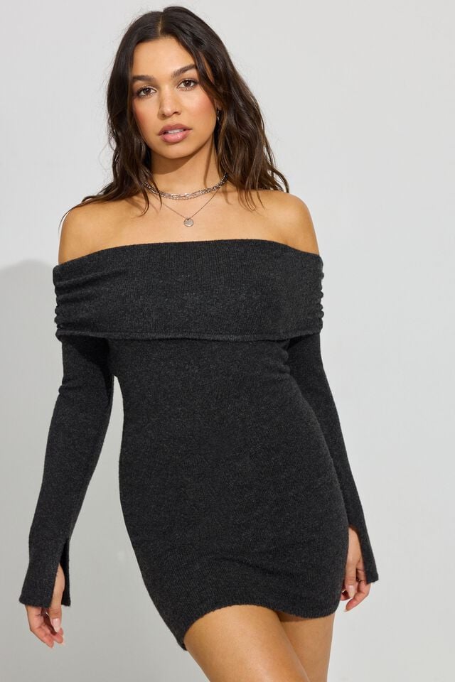 Women Garage Scarlet Spongy Off Shoulder Dress Grey | A-1342976