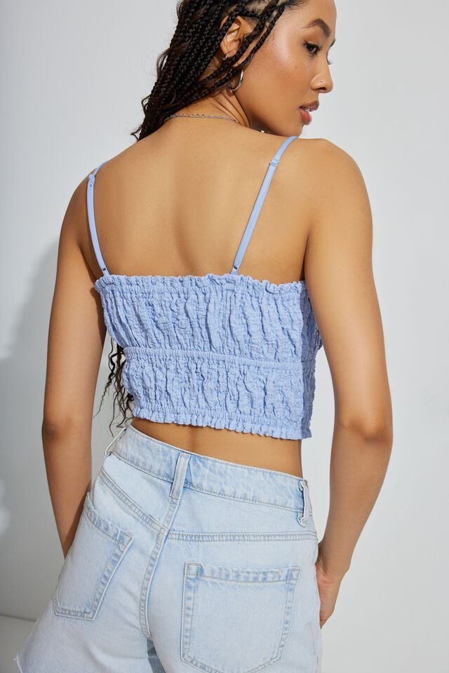 Women Garage Scrunch Knit Tie Front Cami Tank Top Blue | A-2507914