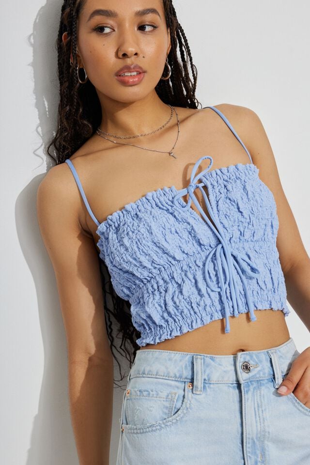 Women Garage Scrunch Knit Tie Front Cami Tank Top Blue | A-2507914