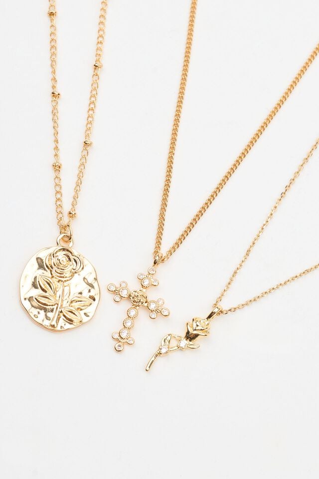 Women Garage Set Of 3 Rose Cross Necklaces Gold | A-1398540