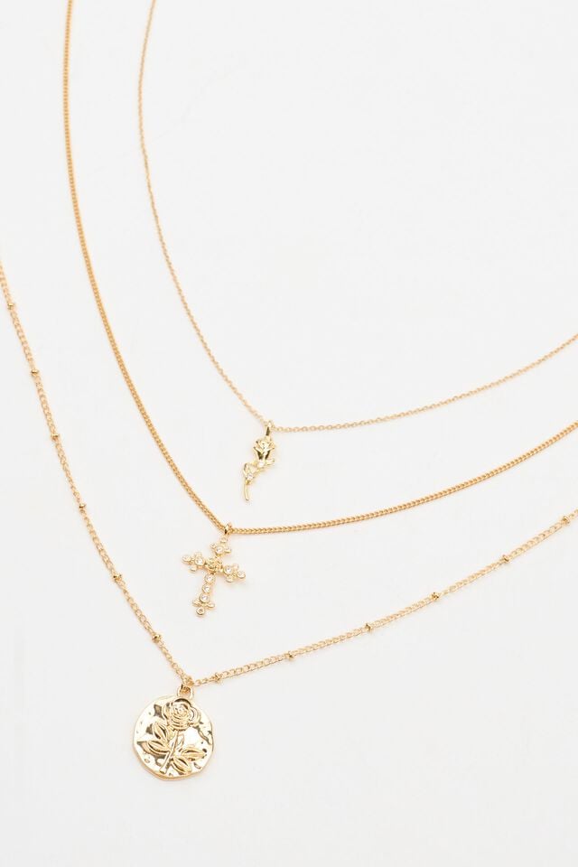 Women Garage Set Of 3 Rose Cross Necklaces Gold | A-1398540